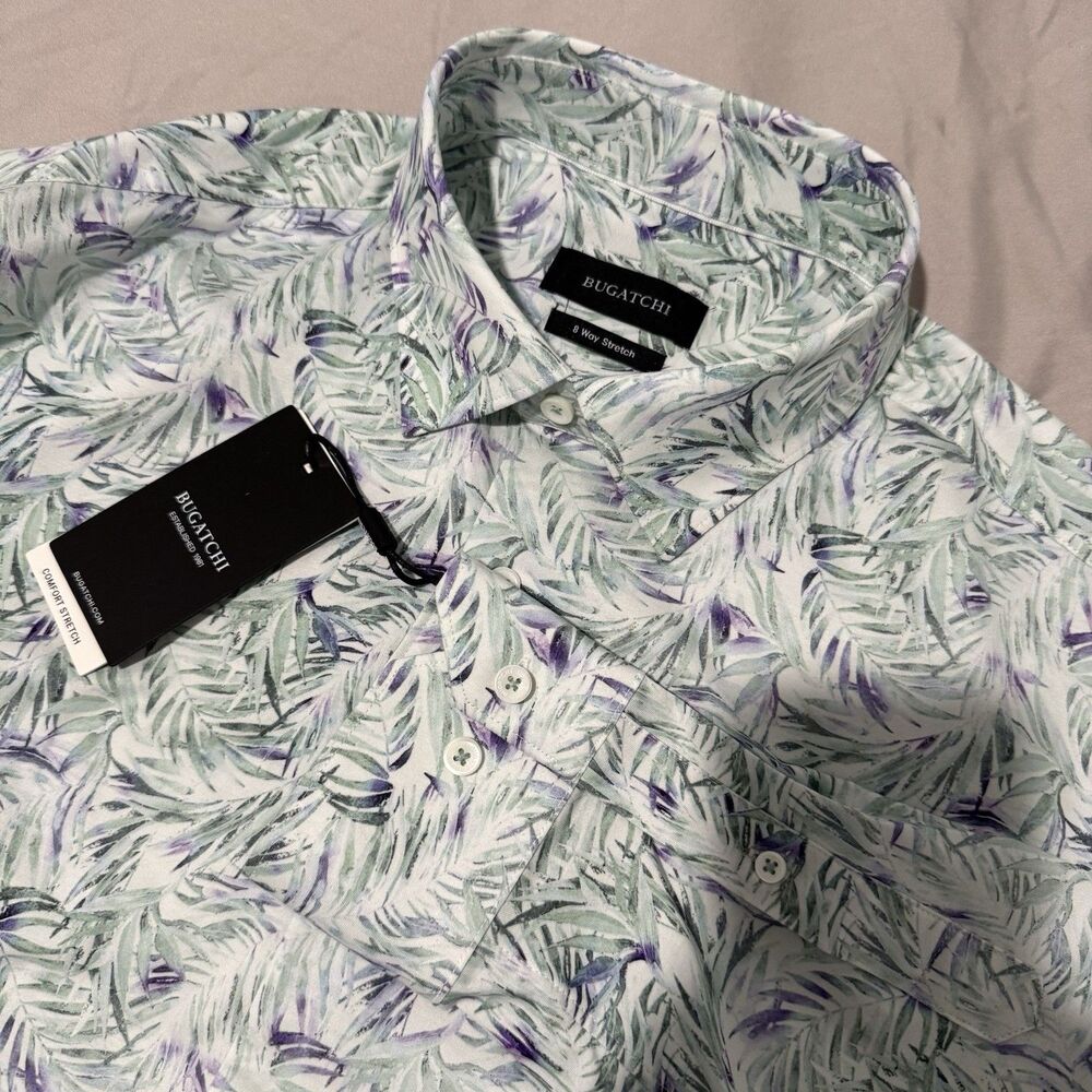 Bugatchi Men’s 8-Way Stretch Leaf Print Cotton Shirt - L
